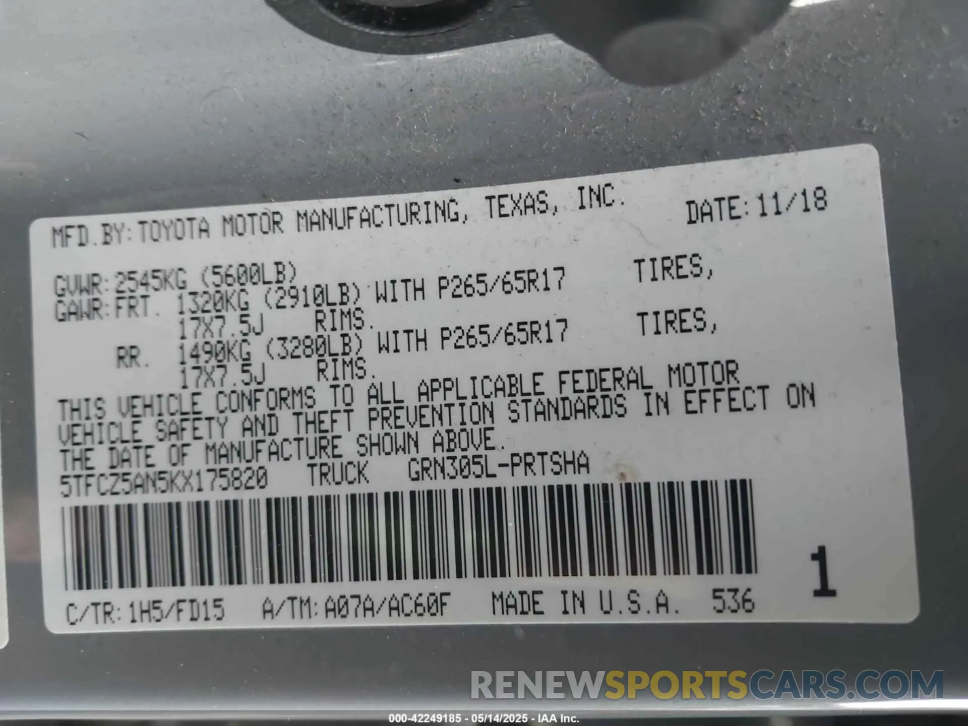 9 Фотография поврежденного автомобиля 5TFCZ5AN5KX175820 TOYOTA TACOMA 2019