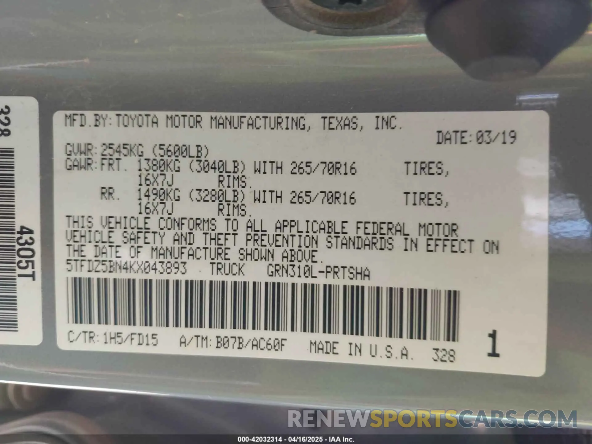 9 Photograph of a damaged car 5TFDZ5BN4KX043893 TOYOTA TACOMA 2019