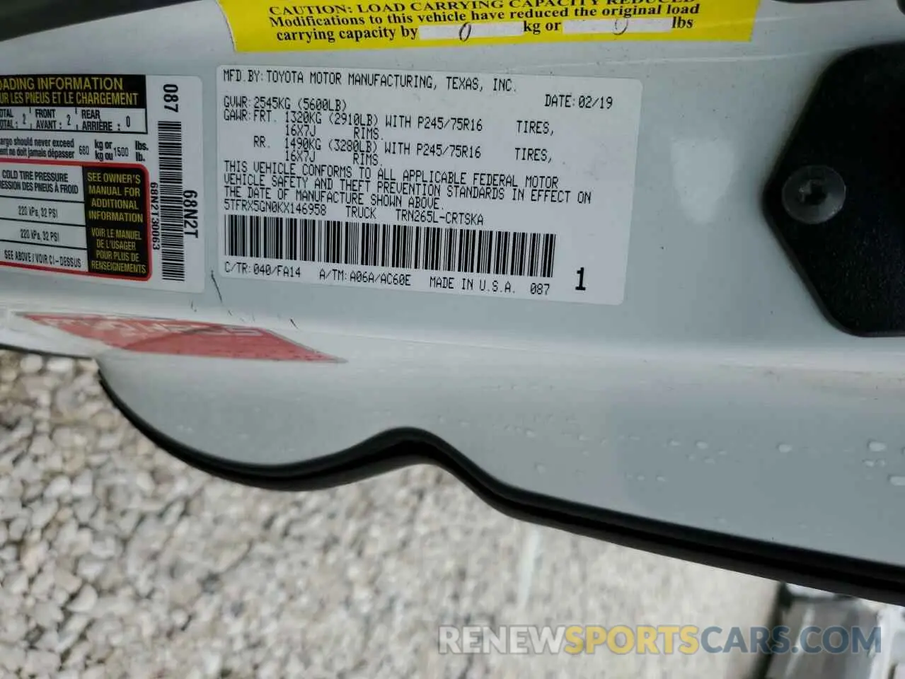 13 Photograph of a damaged car 5TFRX5GN0KX146958 TOYOTA TACOMA 2019