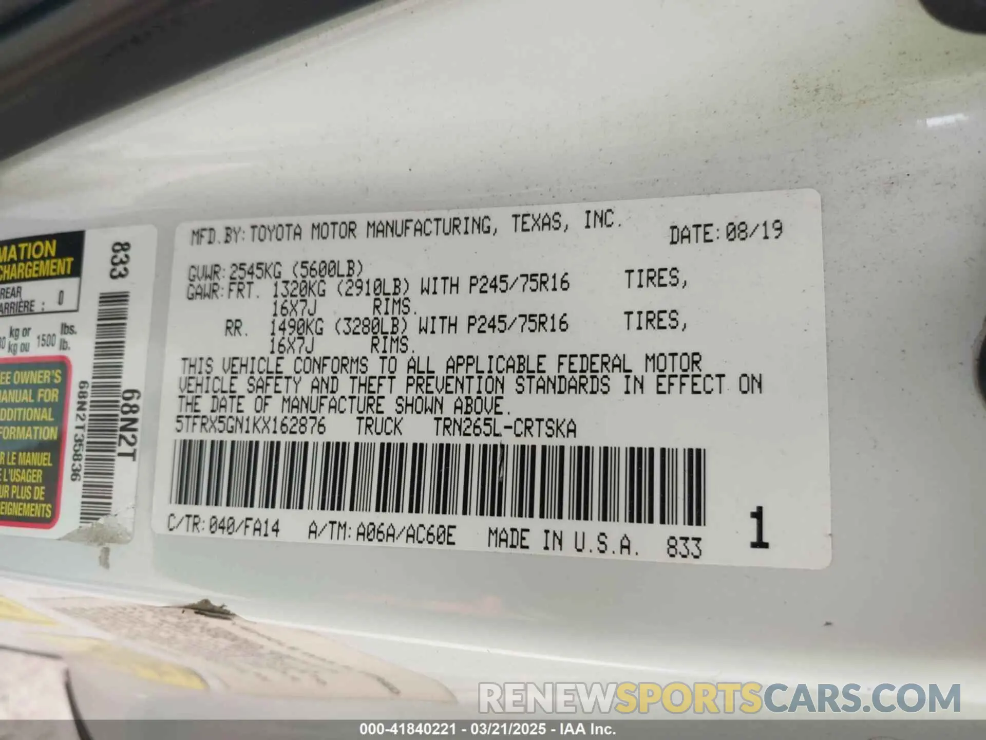 9 Фотография поврежденного автомобиля 5TFRX5GN1KX162876 TOYOTA TACOMA 2019