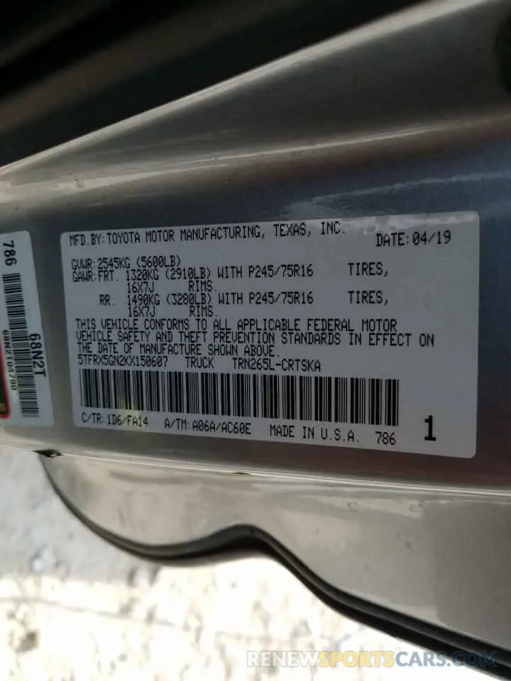 10 Photograph of a damaged car 5TFRX5GN2KX150607 TOYOTA TACOMA 2019