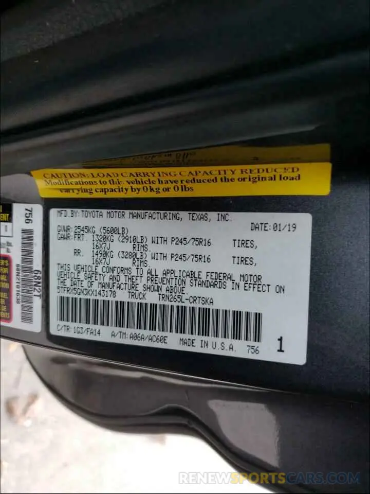 10 Photograph of a damaged car 5TFRX5GN3KX143178 TOYOTA TACOMA 2019