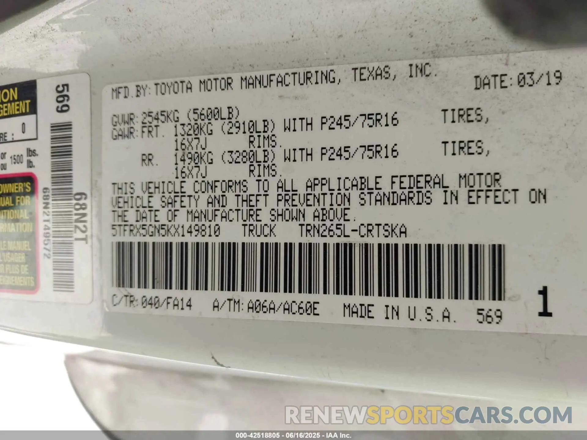 9 Photograph of a damaged car 5TFRX5GN5KX149810 TOYOTA TACOMA 2019