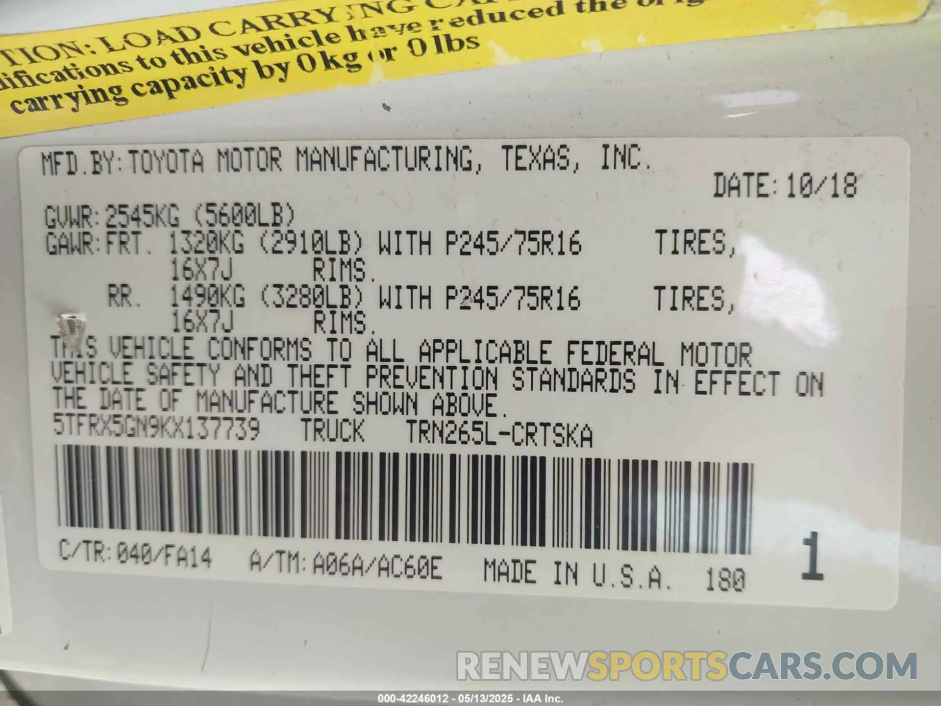 9 Photograph of a damaged car 5TFRX5GN9KX137739 TOYOTA TACOMA 2019