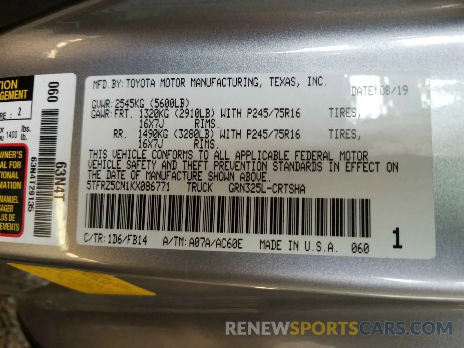 10 Photograph of a damaged car 5TFRZ5CN1KX086771 TOYOTA TACOMA 2019