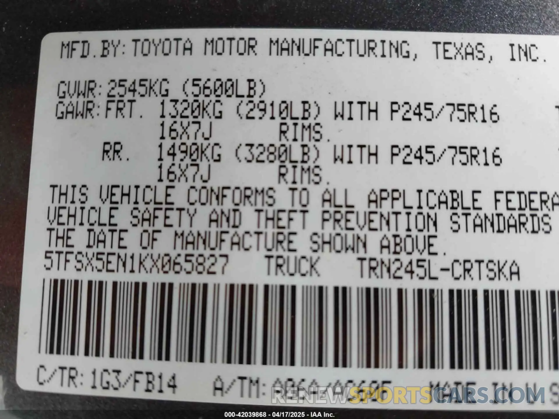 9 Фотография поврежденного автомобиля 5TFSX5EN1KX065827 TOYOTA TACOMA 2019