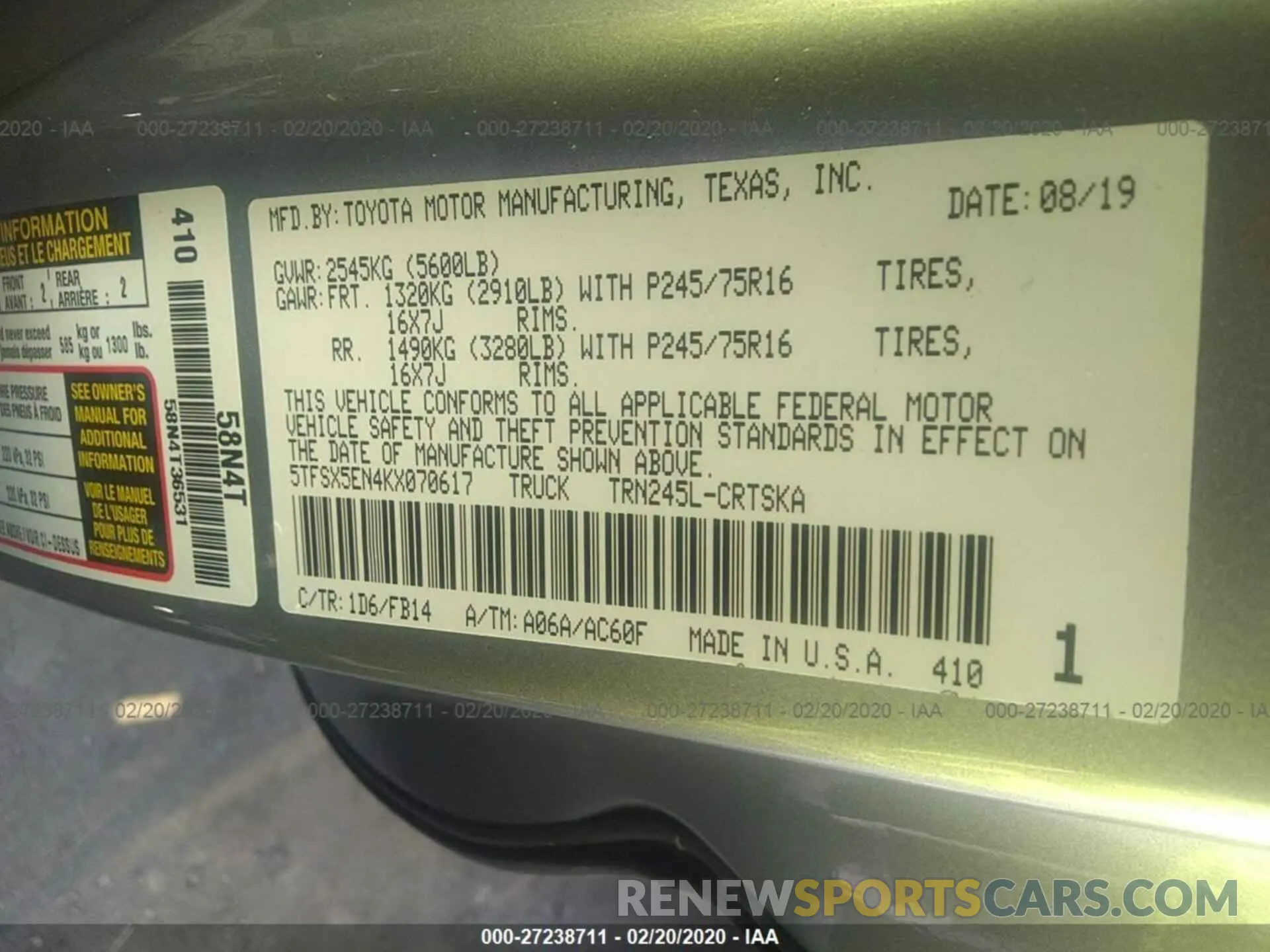 9 Photograph of a damaged car 5TFSX5EN4KX070617 TOYOTA TACOMA 2019