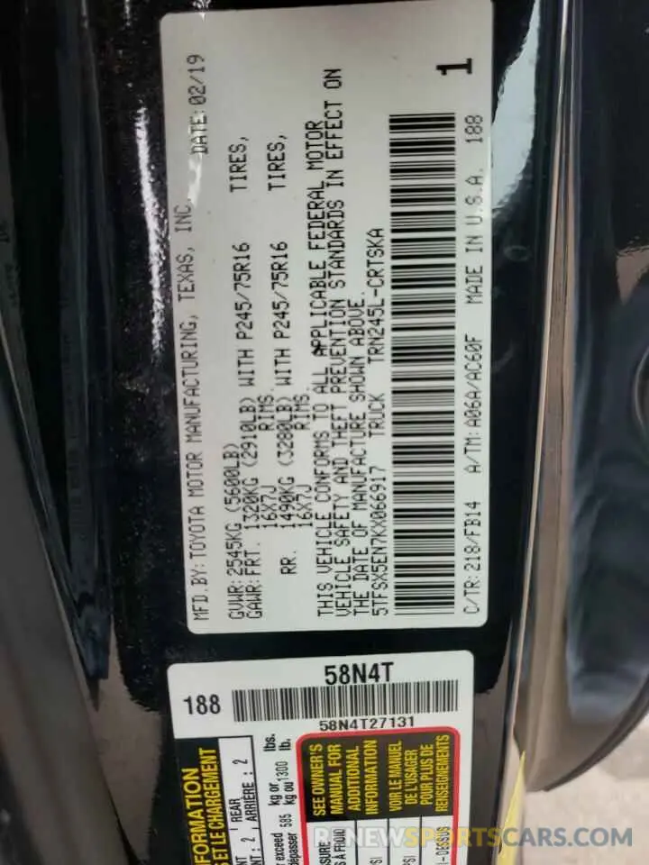 10 Photograph of a damaged car 5TFSX5EN7KX066917 TOYOTA TACOMA 2019