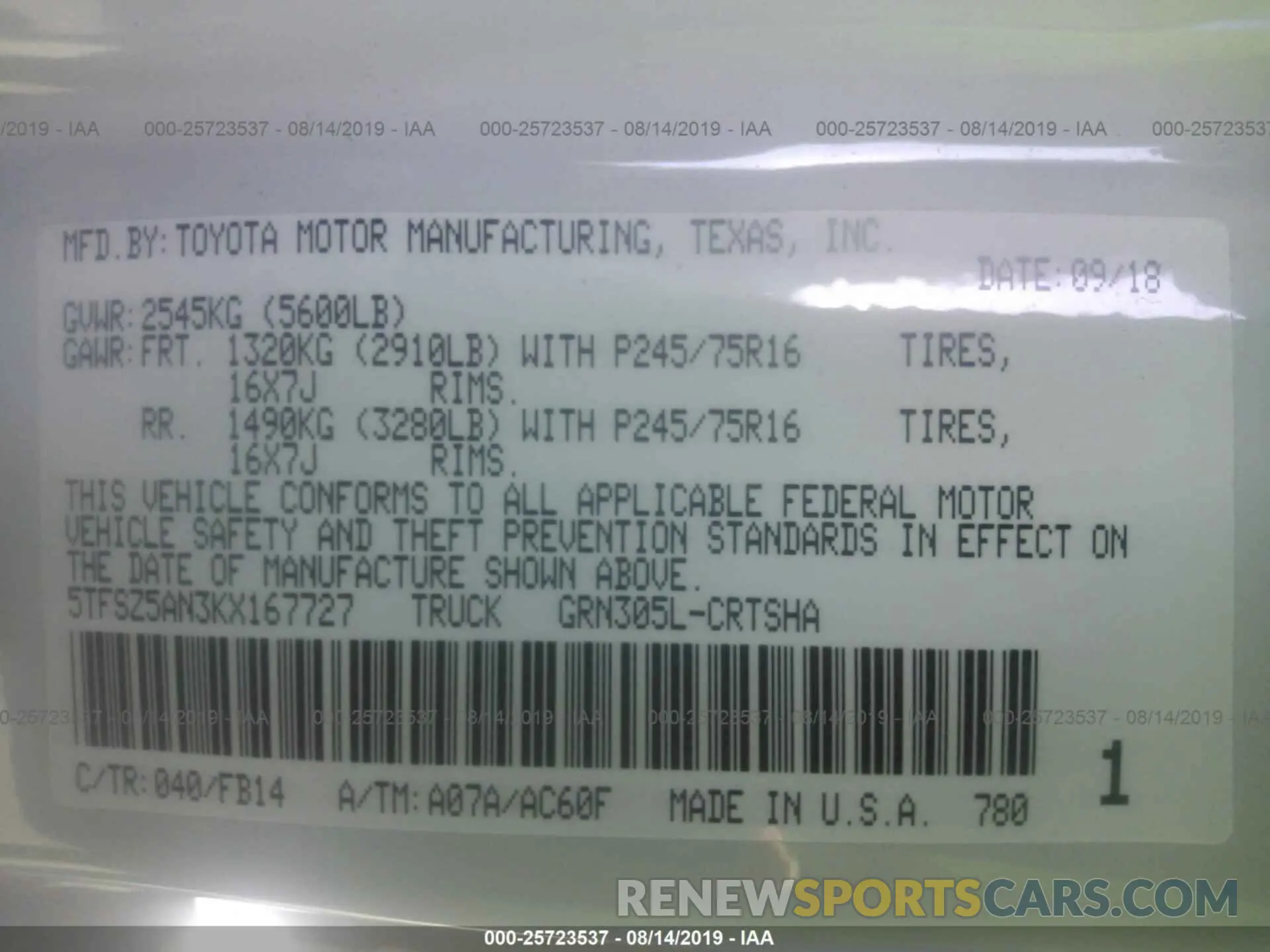 9 Photograph of a damaged car 5TFSZ5AN3KX167727 TOYOTA TACOMA 2019