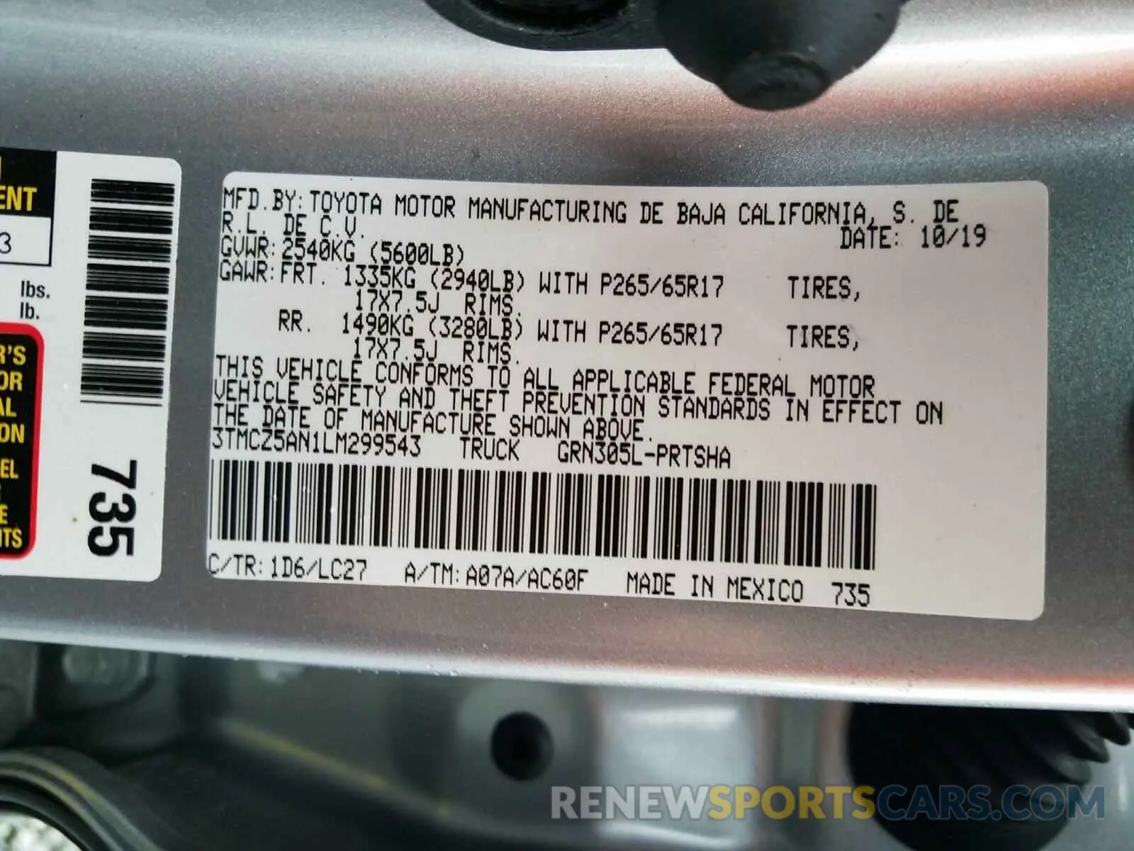 10 Photograph of a damaged car 3TMCZ5AN1LM299543 TOYOTA TACOMA 2020