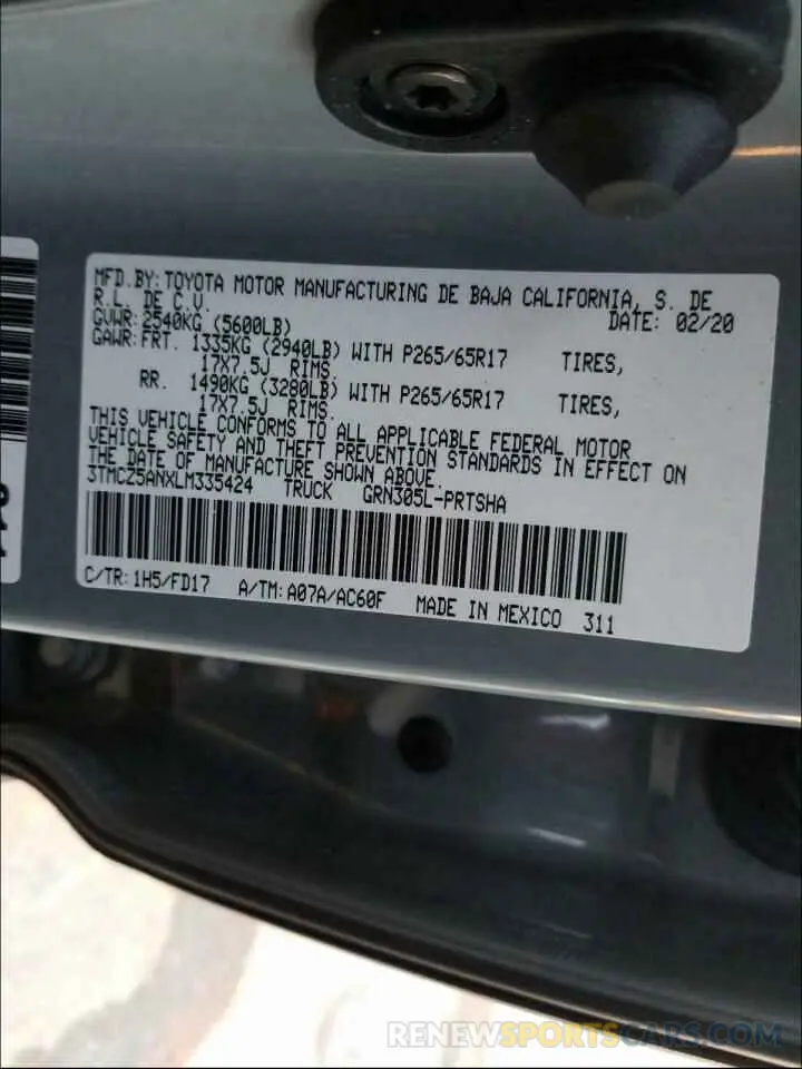 10 Photograph of a damaged car 3TMCZ5ANXLM335424 TOYOTA TACOMA 2020