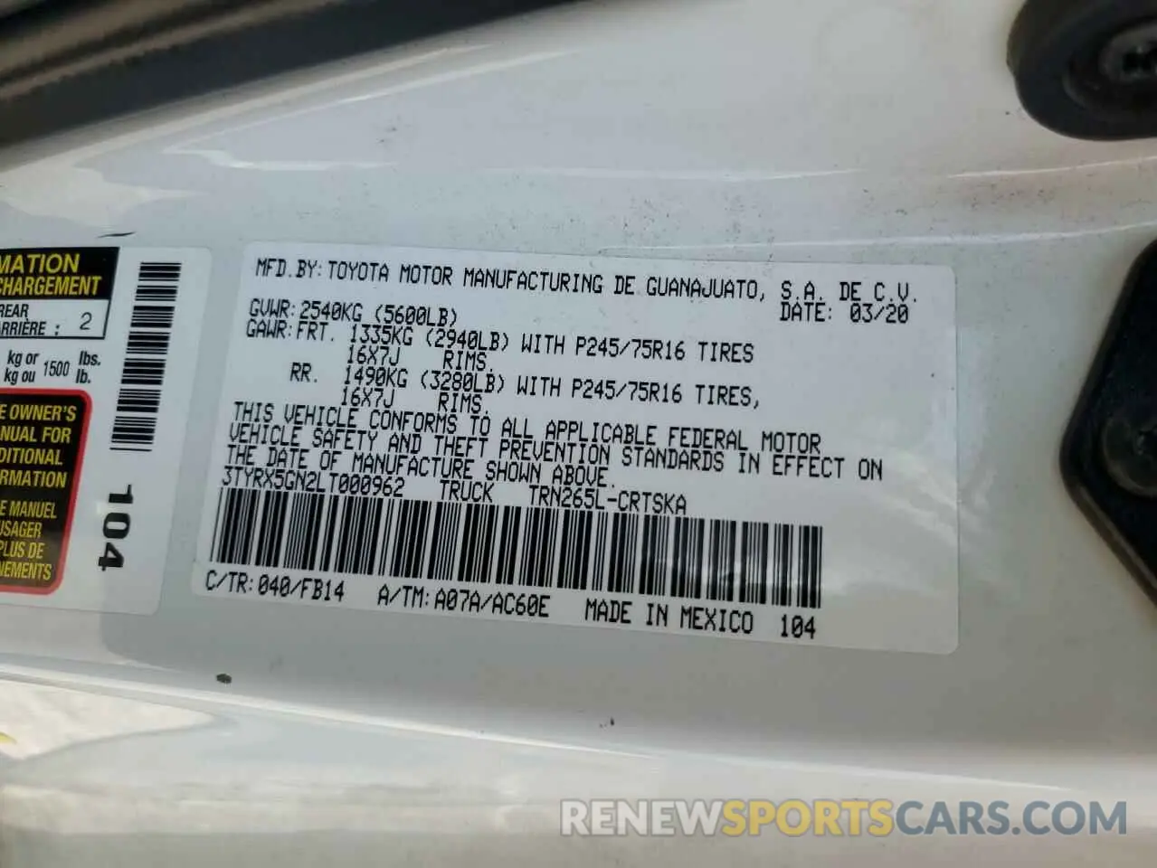 12 Фотография поврежденного автомобиля 3TYRX5GN2LT000962 TOYOTA TACOMA 2020