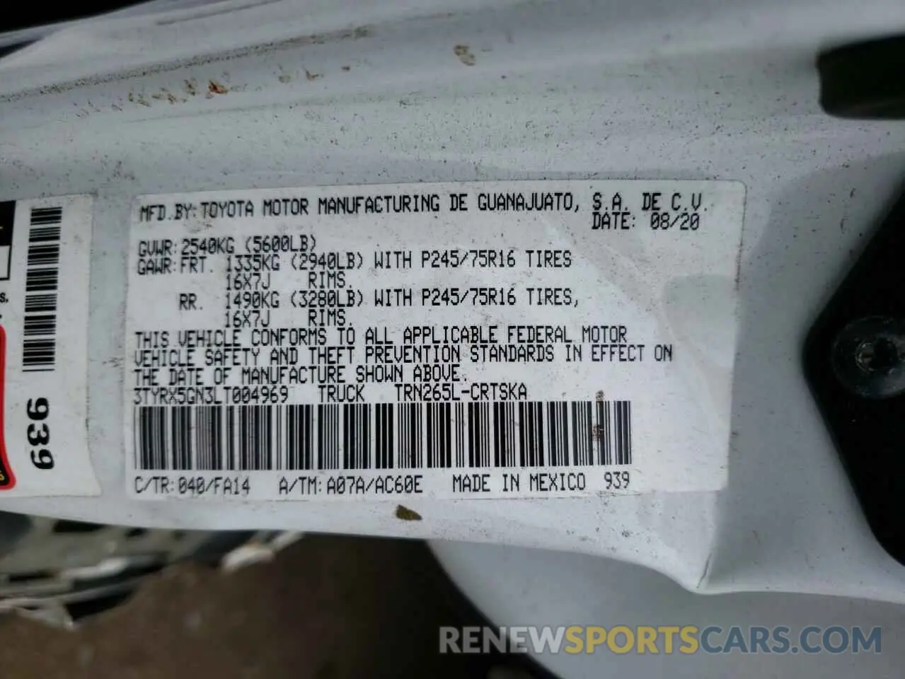 10 Photograph of a damaged car 3TYRX5GN3LT004969 TOYOTA TACOMA 2020