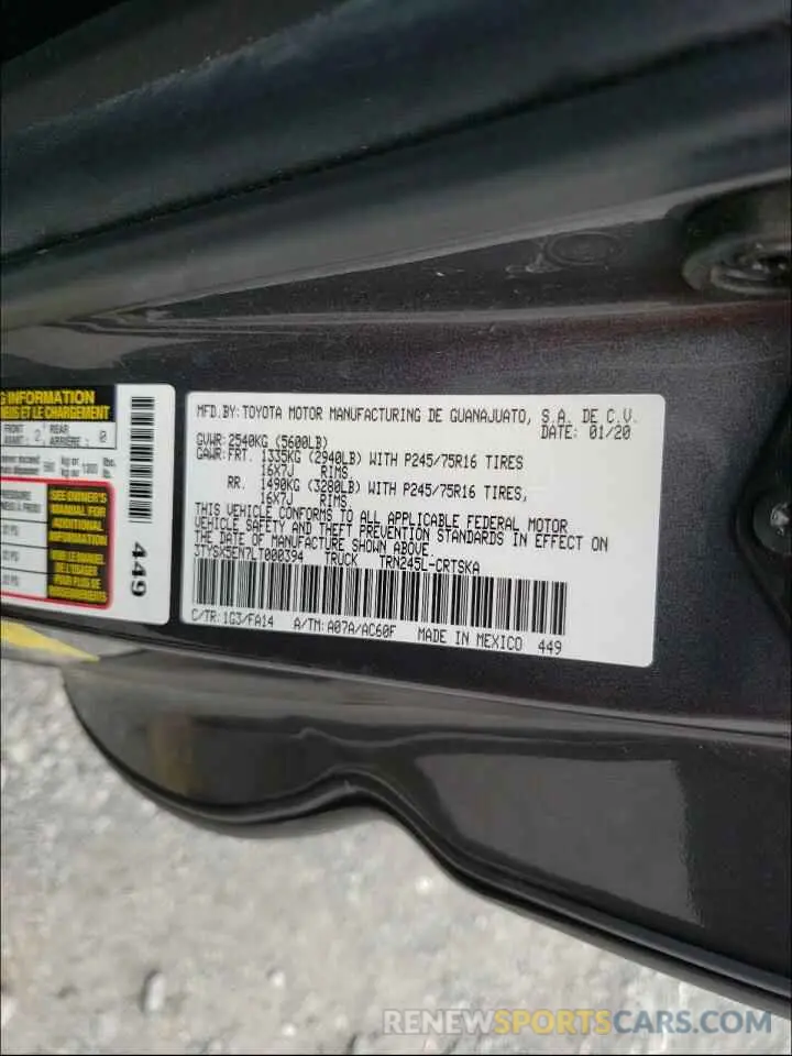 10 Photograph of a damaged car 3TYSX5EN7LT000394 TOYOTA TACOMA 2020