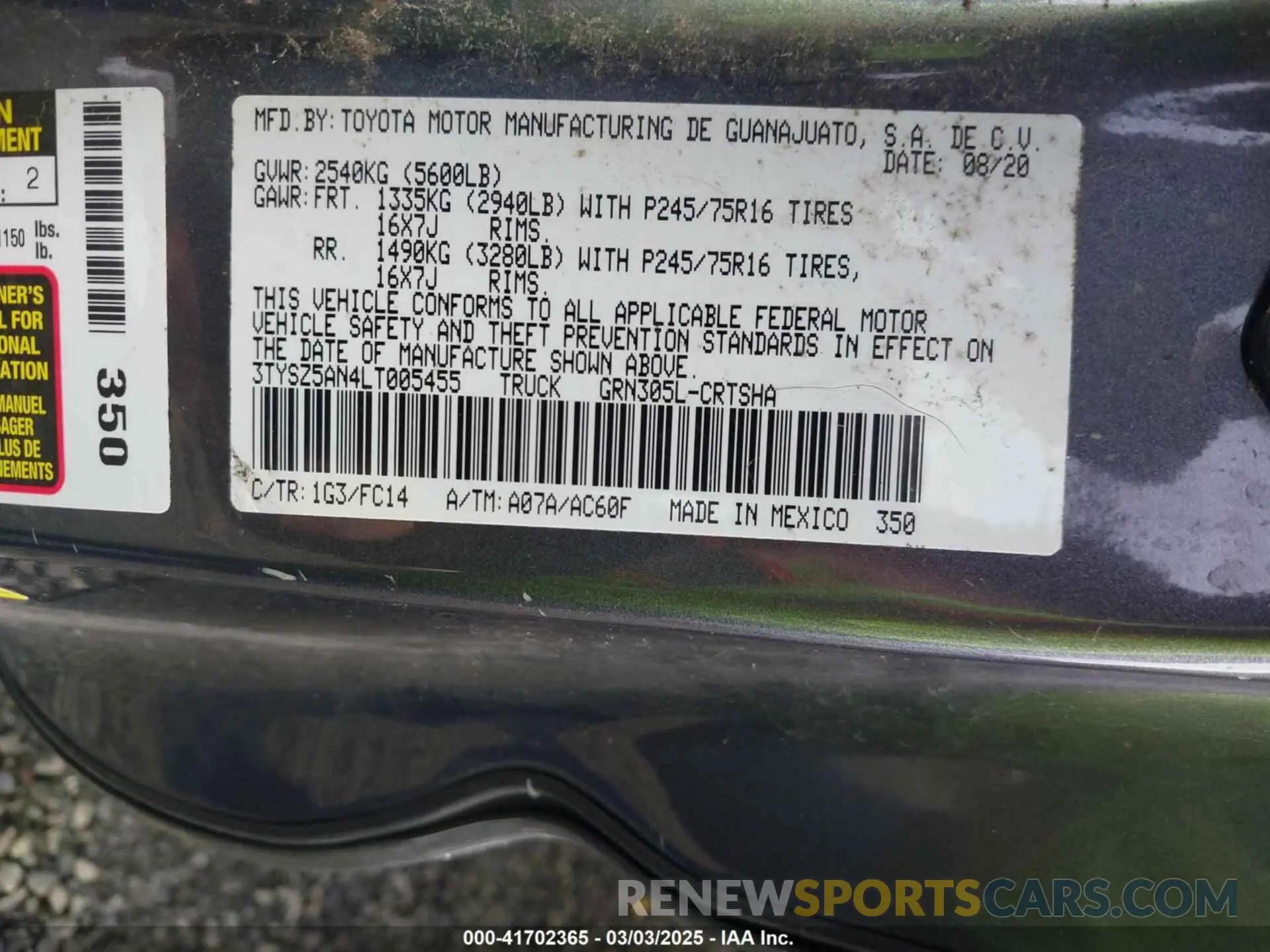 9 Фотография поврежденного автомобиля 3TYSZ5AN4LT005455 TOYOTA TACOMA 2020