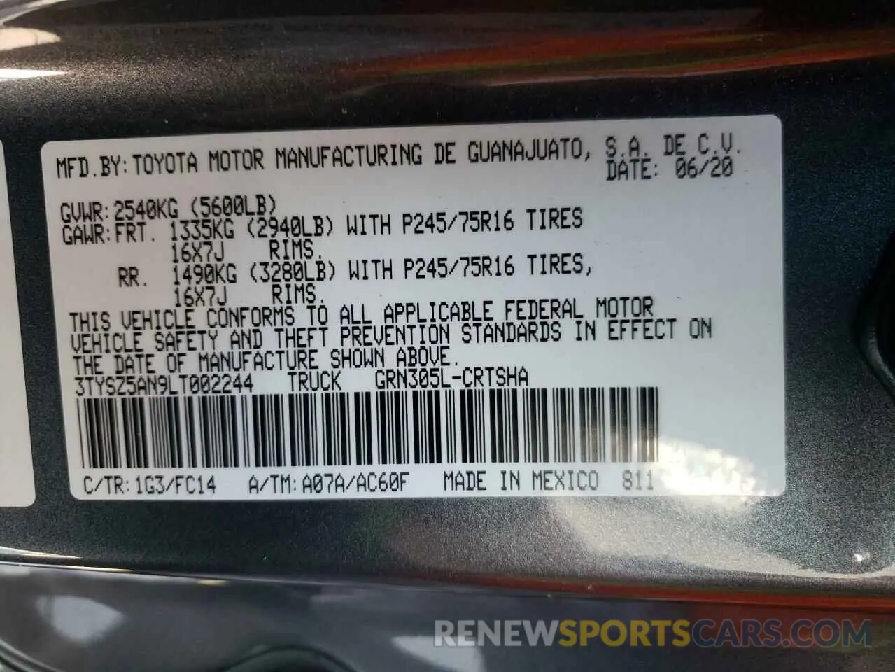 10 Photograph of a damaged car 3TYSZ5AN9LT002244 TOYOTA TACOMA 2020