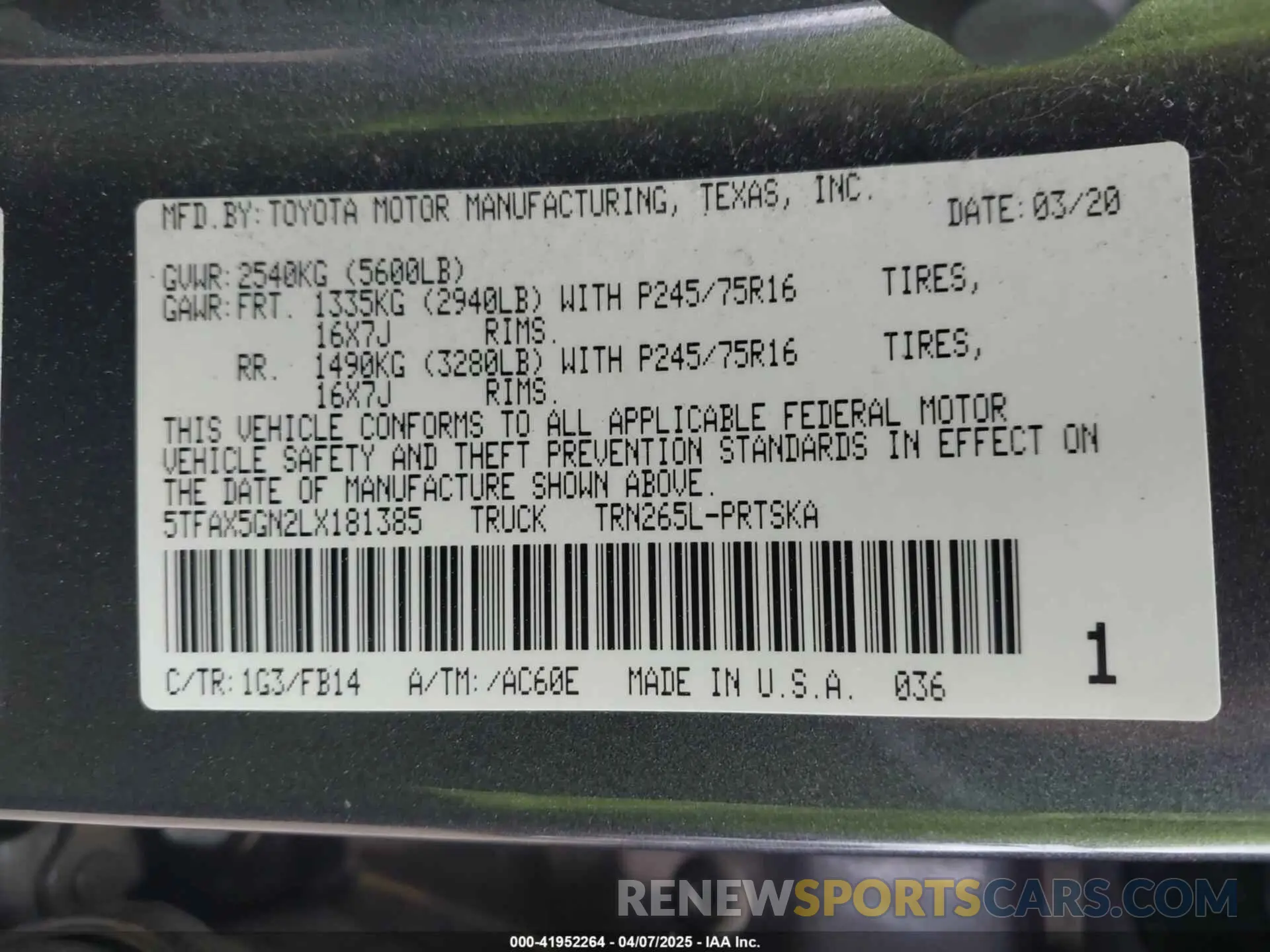 9 Фотография поврежденного автомобиля 5TFAX5GN2LX181385 TOYOTA TACOMA 2020