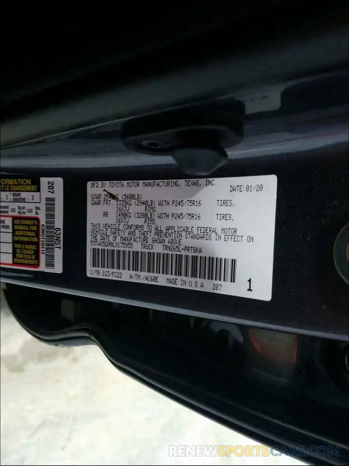 10 Photograph of a damaged car 5TFAX5GN9LX175955 TOYOTA TACOMA 2020