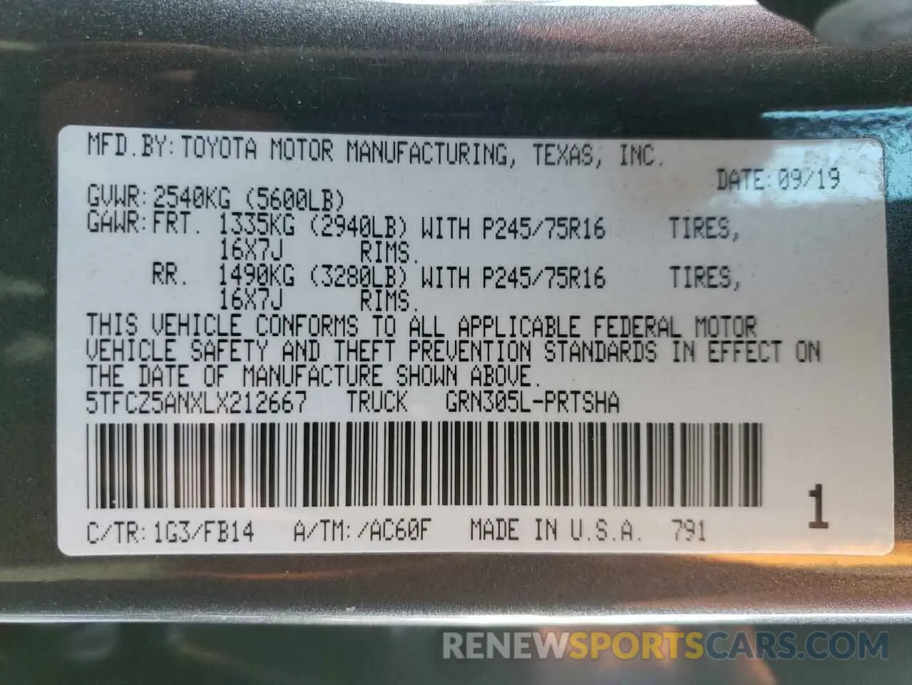 12 Photograph of a damaged car 5TFCZ5ANXLX212667 TOYOTA TACOMA 2020