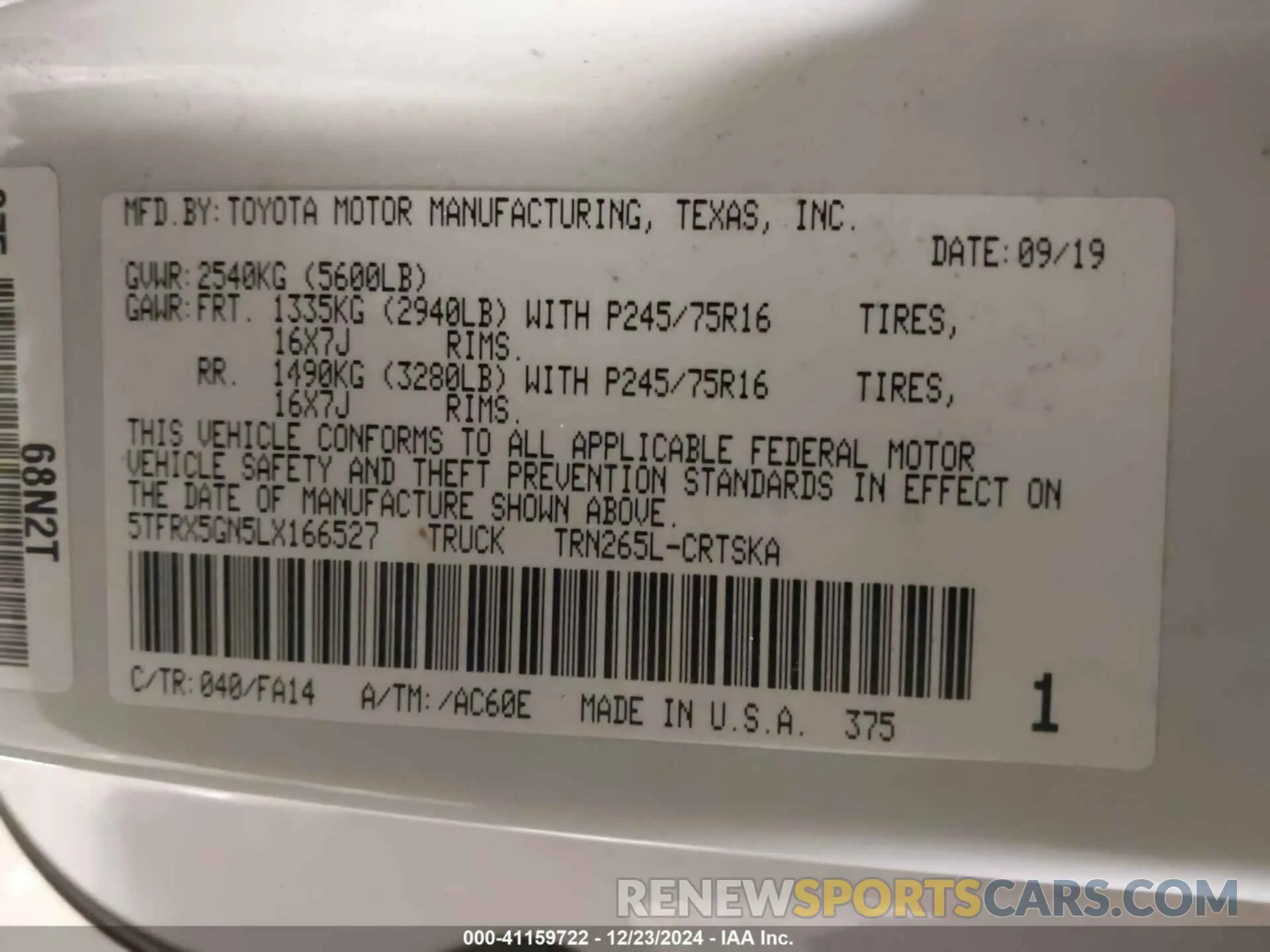 9 Фотография поврежденного автомобиля 5TFRX5GN5LX166527 TOYOTA TACOMA 2020