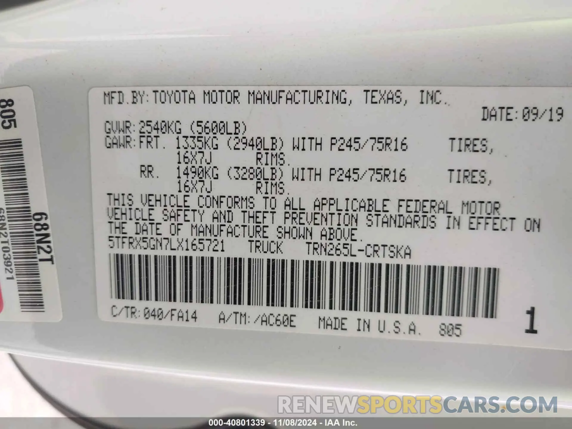 9 Photograph of a damaged car 5TFRX5GN7LX165721 TOYOTA TACOMA 2020