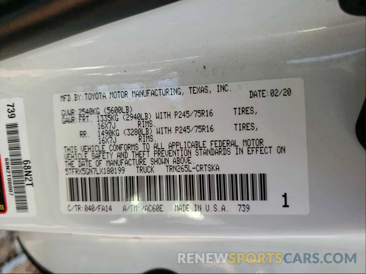 10 Photograph of a damaged car 5TFRX5GN7LX180199 TOYOTA TACOMA 2020