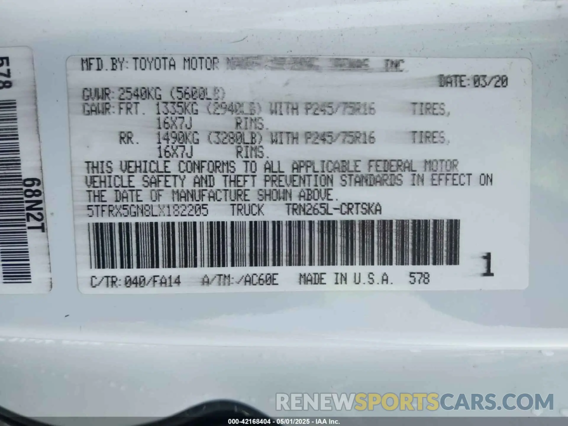 9 Photograph of a damaged car 5TFRX5GN8LX182205 TOYOTA TACOMA 2020