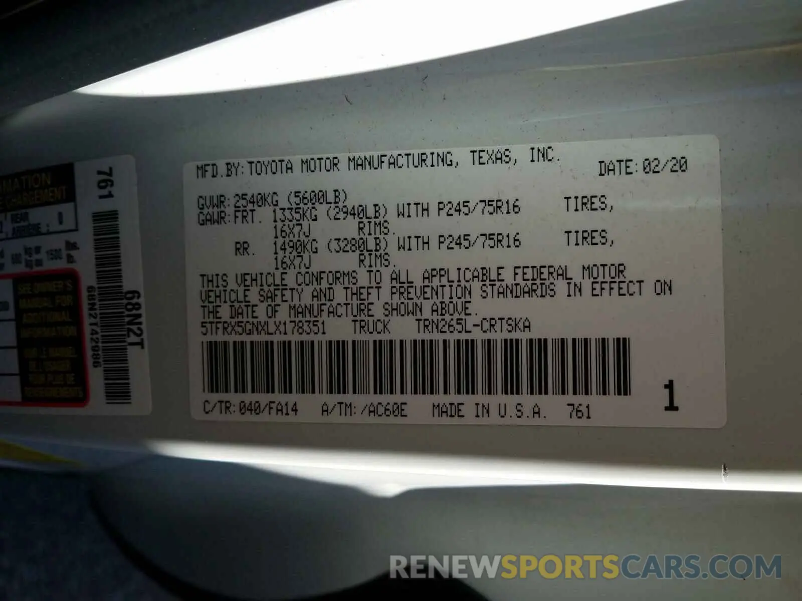 10 Photograph of a damaged car 5TFRX5GNXLX178351 TOYOTA TACOMA 2020