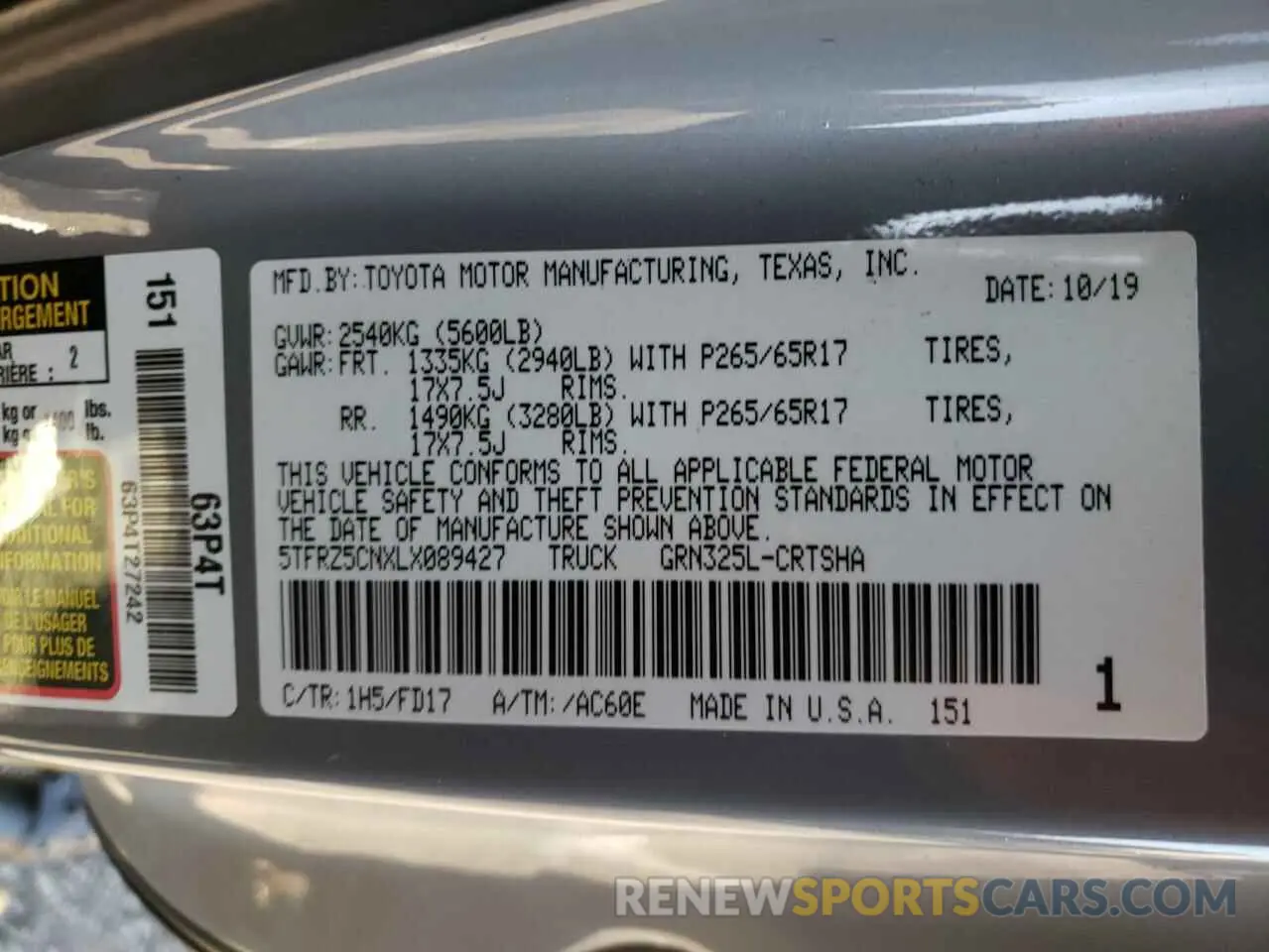 10 Photograph of a damaged car 5TFRZ5CNXLX089427 TOYOTA TACOMA 2020