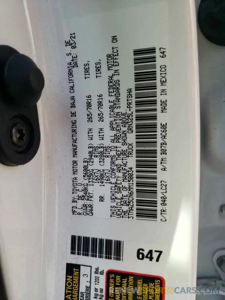 10 Photograph of a damaged car 3TMAZ5CN6MM150034 TOYOTA TACOMA 2021