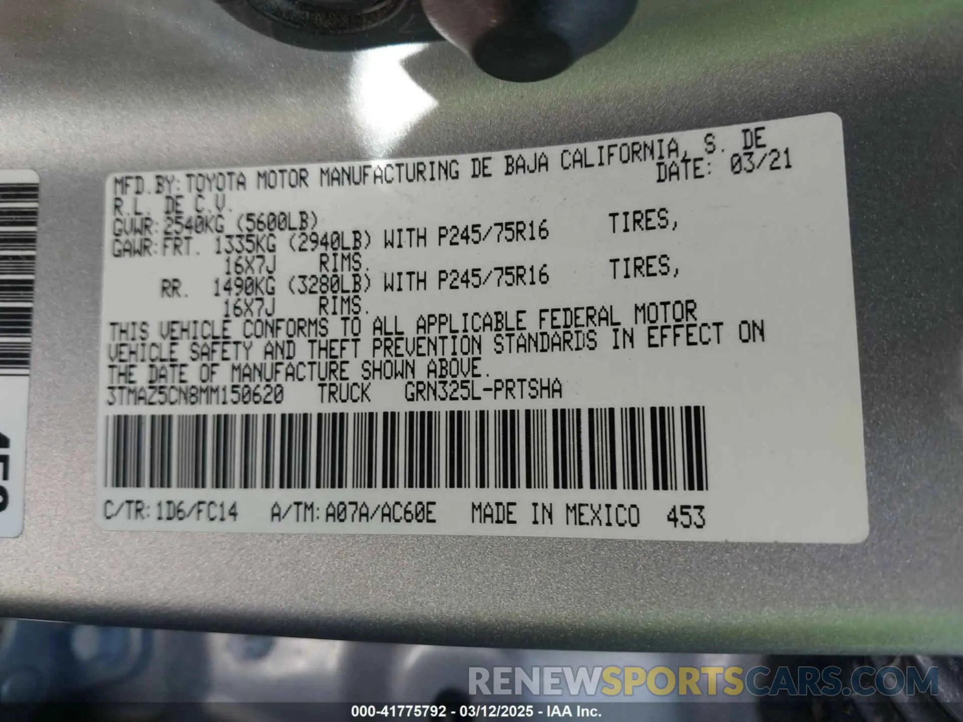 9 Фотография поврежденного автомобиля 3TMAZ5CN8MM150620 TOYOTA TACOMA 2021