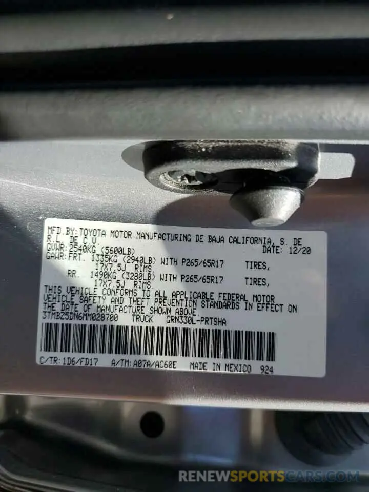 10 Фотография поврежденного автомобиля 3TMBZ5DN6MM028700 TOYOTA TACOMA 2021