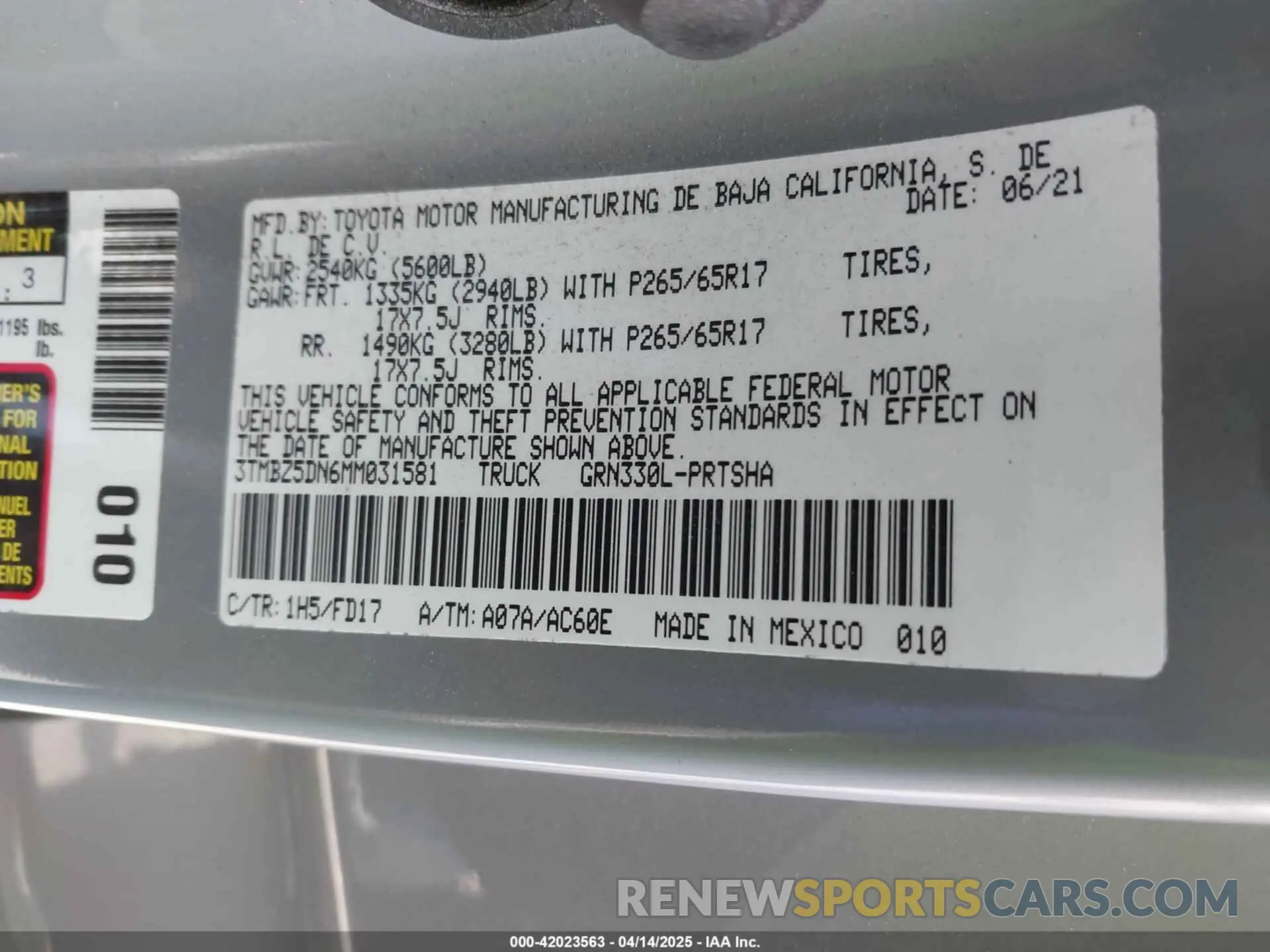 9 Фотография поврежденного автомобиля 3TMBZ5DN6MM031581 TOYOTA TACOMA 2021