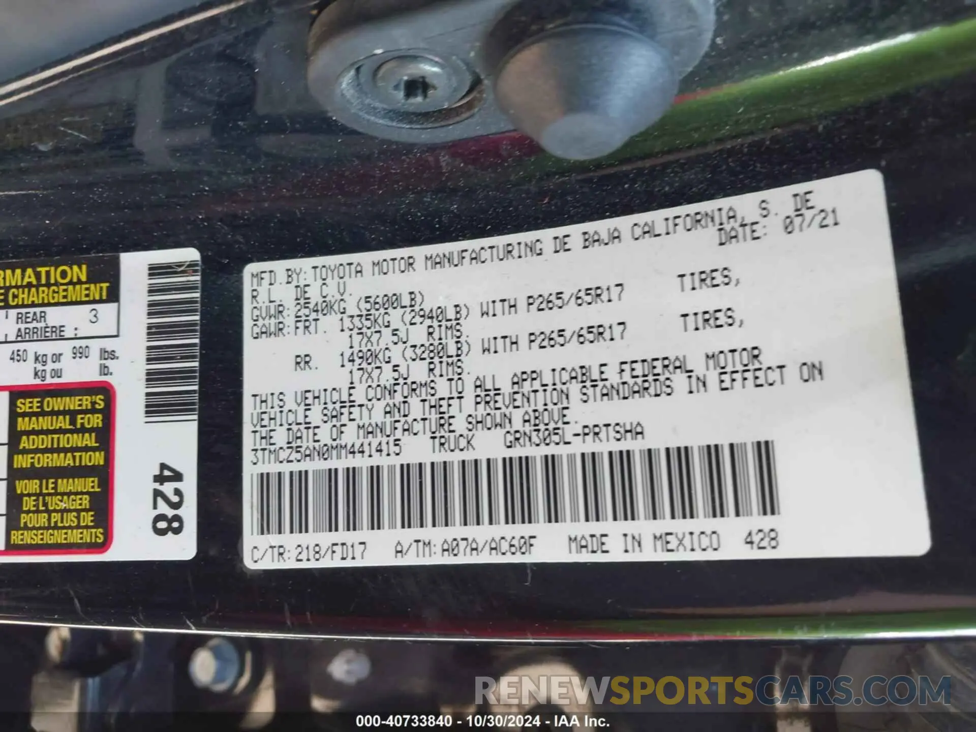 9 Фотография поврежденного автомобиля 3TMCZ5AN0MM441415 TOYOTA TACOMA 2021