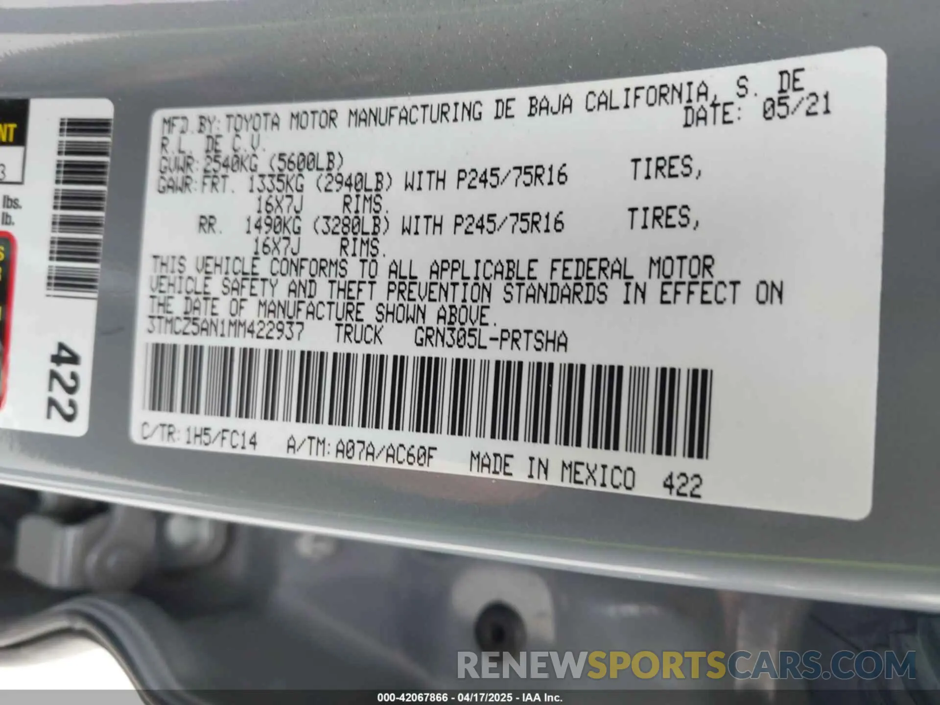 9 Фотография поврежденного автомобиля 3TMCZ5AN1MM422937 TOYOTA TACOMA 2021
