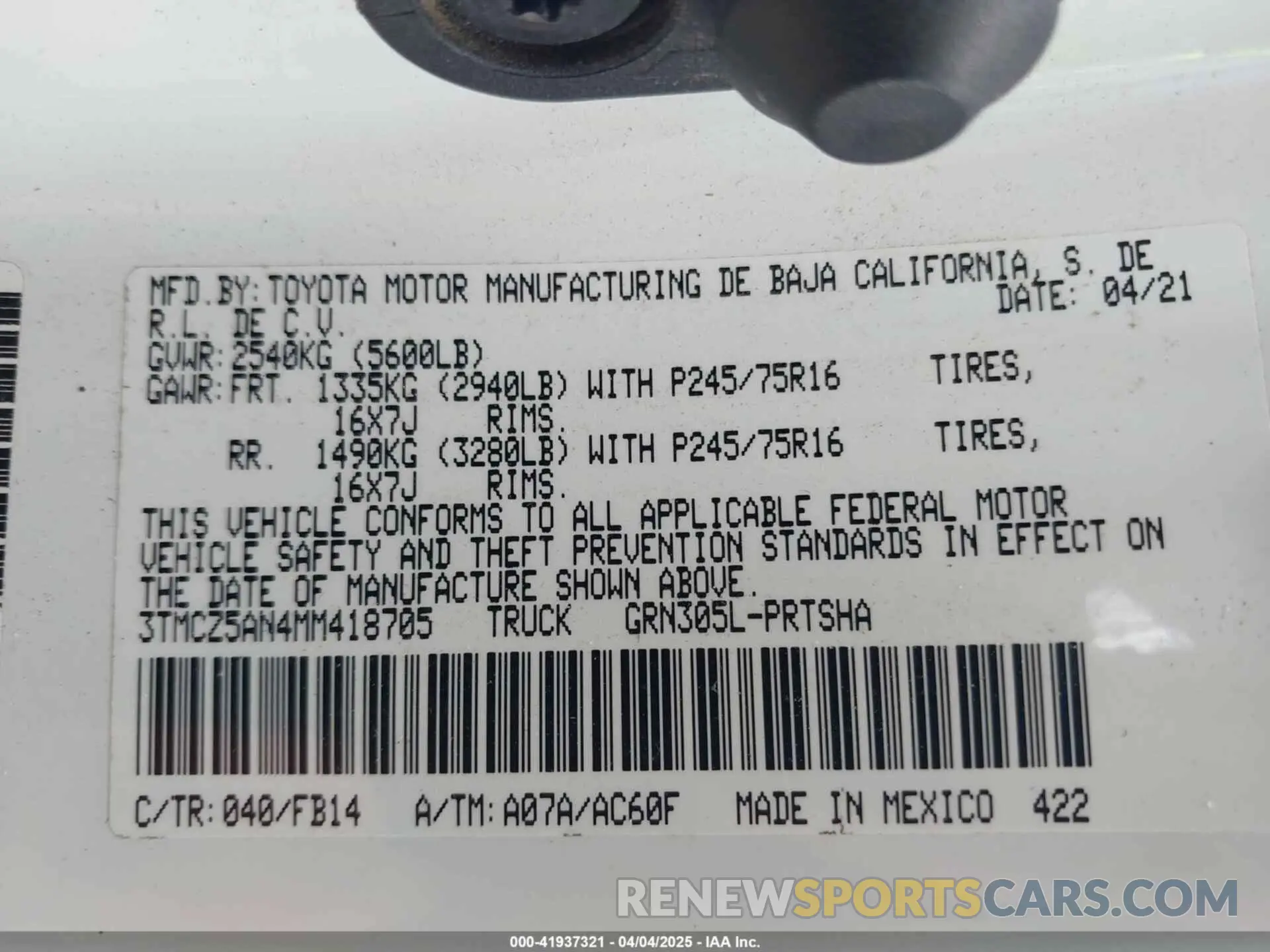9 Фотография поврежденного автомобиля 3TMCZ5AN4MM418705 TOYOTA TACOMA 2021