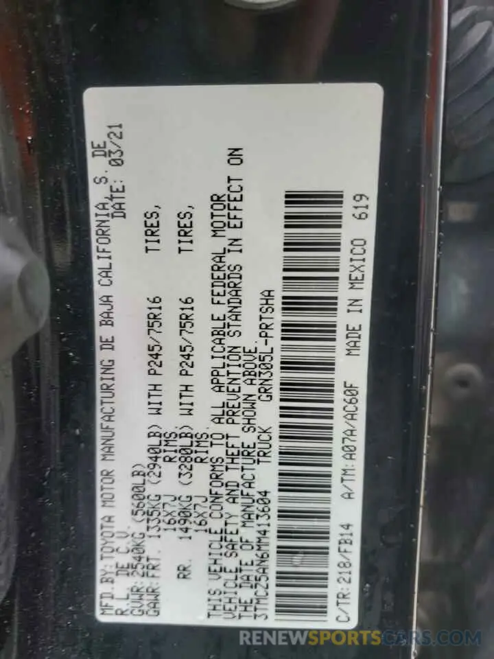 12 Фотография поврежденного автомобиля 3TMCZ5AN6MM413604 TOYOTA TACOMA 2021