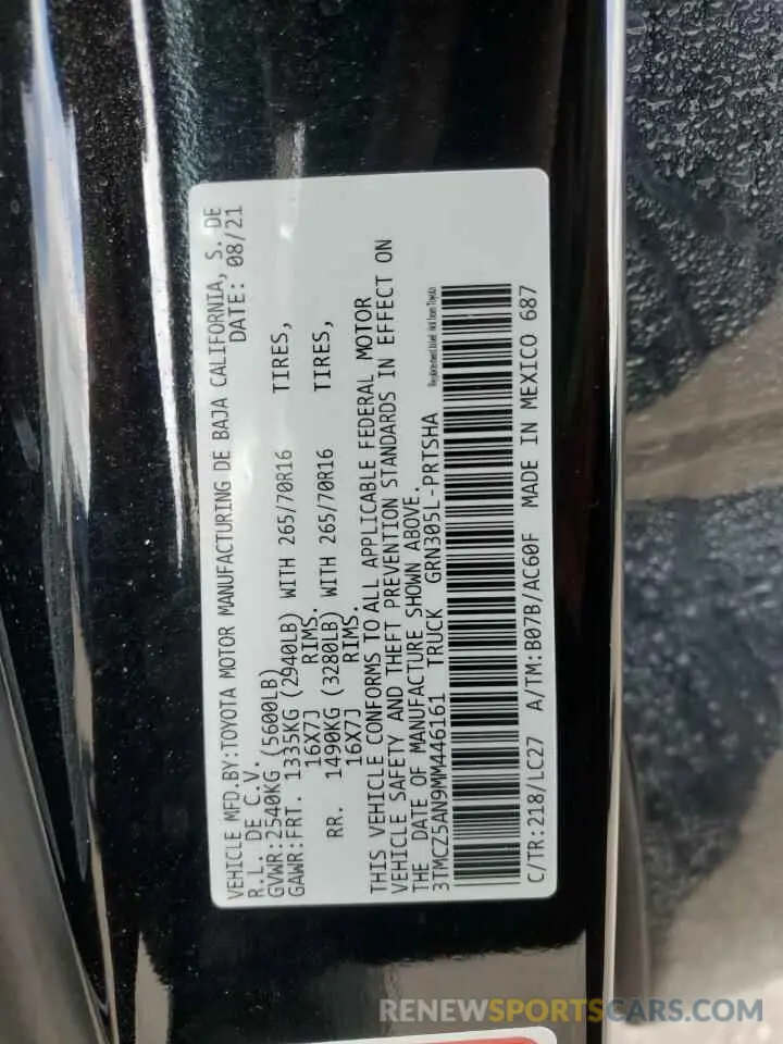 12 Photograph of a damaged car 3TMCZ5AN9MM446161 TOYOTA TACOMA 2021