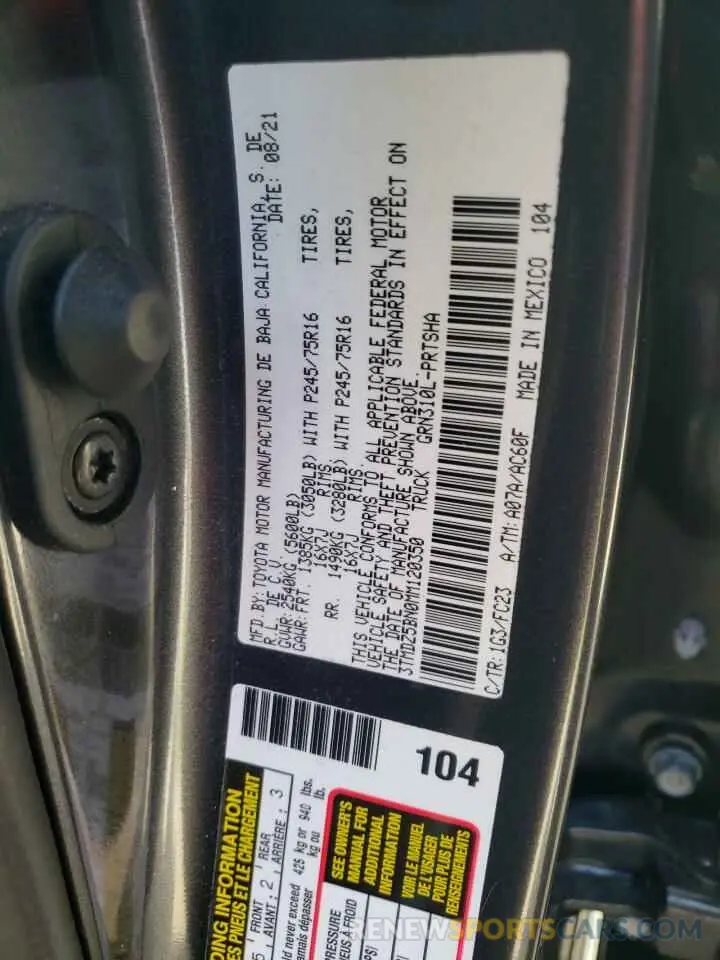 10 Photograph of a damaged car 3TMDZ5BN0MM120350 TOYOTA TACOMA 2021