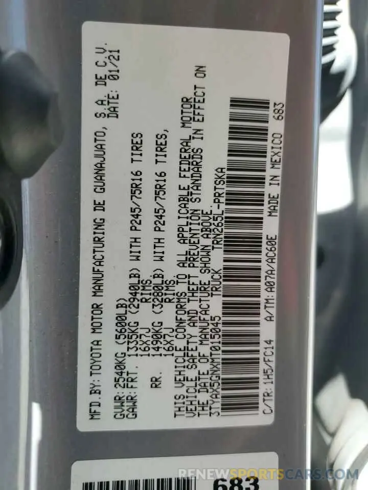 13 Фотография поврежденного автомобиля 3TYAX5GNXMT015045 TOYOTA TACOMA 2021