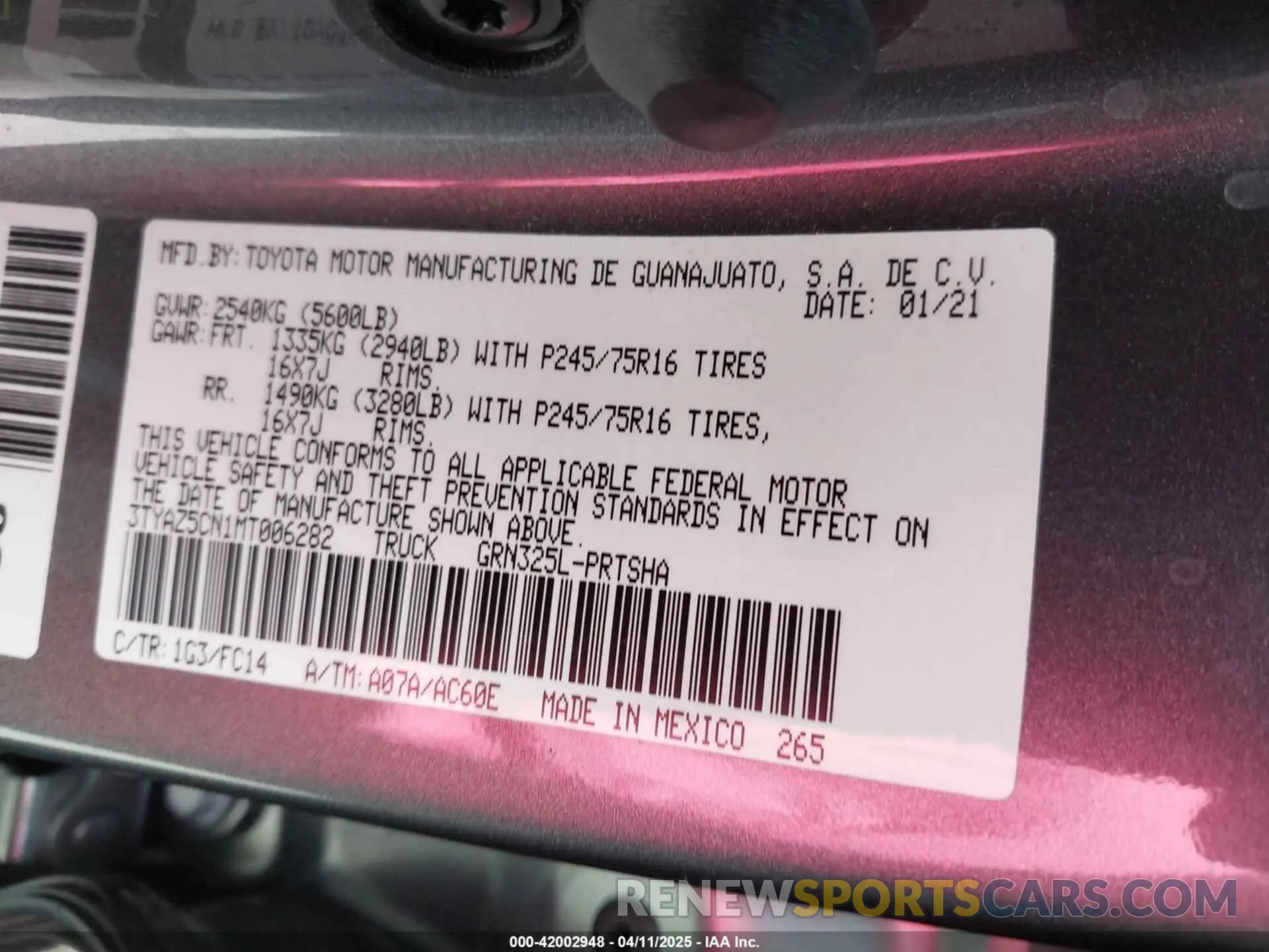 9 Фотография поврежденного автомобиля 3TYAZ5CN1MT006282 TOYOTA TACOMA 2021