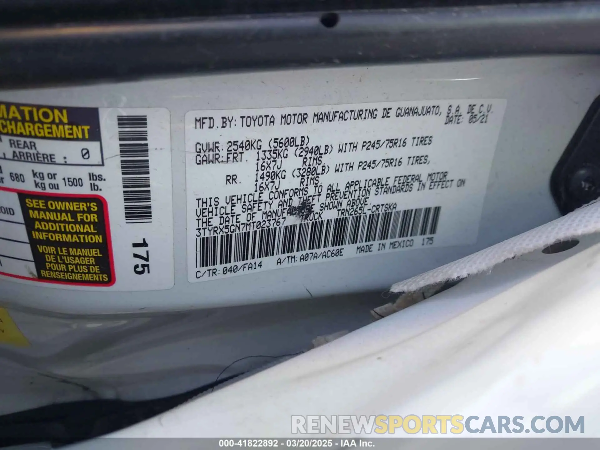4 Фотография поврежденного автомобиля 3TYRX5GN7MT023767 TOYOTA TACOMA 2021