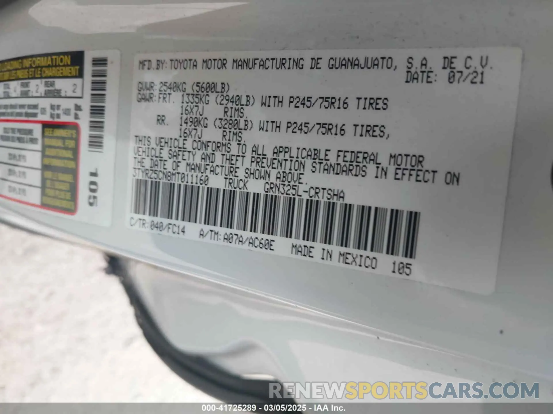 9 Фотография поврежденного автомобиля 3TYRZ5CN8MT011160 TOYOTA TACOMA 2021