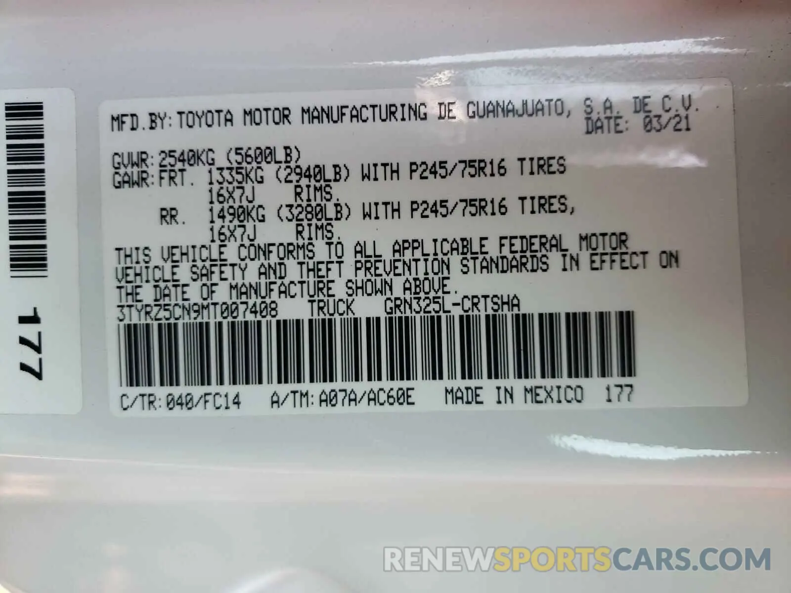 10 Photograph of a damaged car 3TYRZ5CN9MT007408 TOYOTA TACOMA 2021