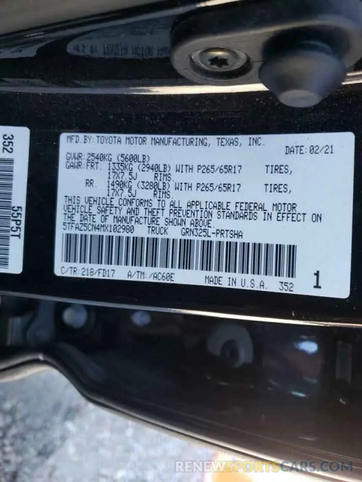 10 Фотография поврежденного автомобиля 5TFAZ5CN4MX102980 TOYOTA TACOMA 2021