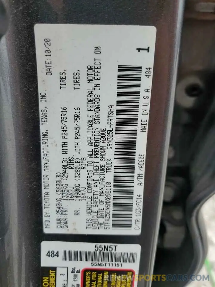 13 Фотография поврежденного автомобиля 5TFAZ5CN6MX098110 TOYOTA TACOMA 2021