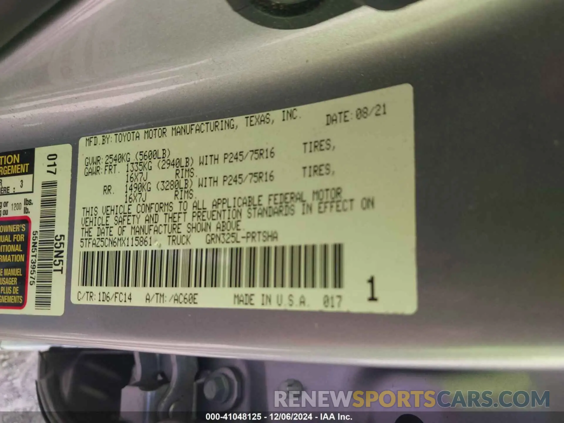 9 Фотография поврежденного автомобиля 5TFAZ5CN6MX115861 TOYOTA TACOMA 2021