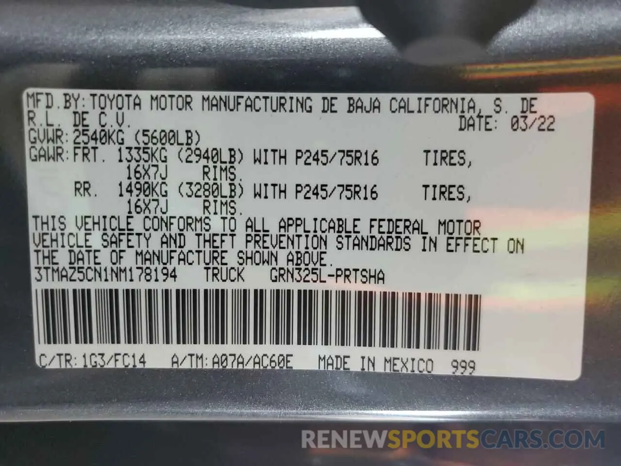 12 Photograph of a damaged car 3TMAZ5CN1NM178194 TOYOTA TACOMA 2022