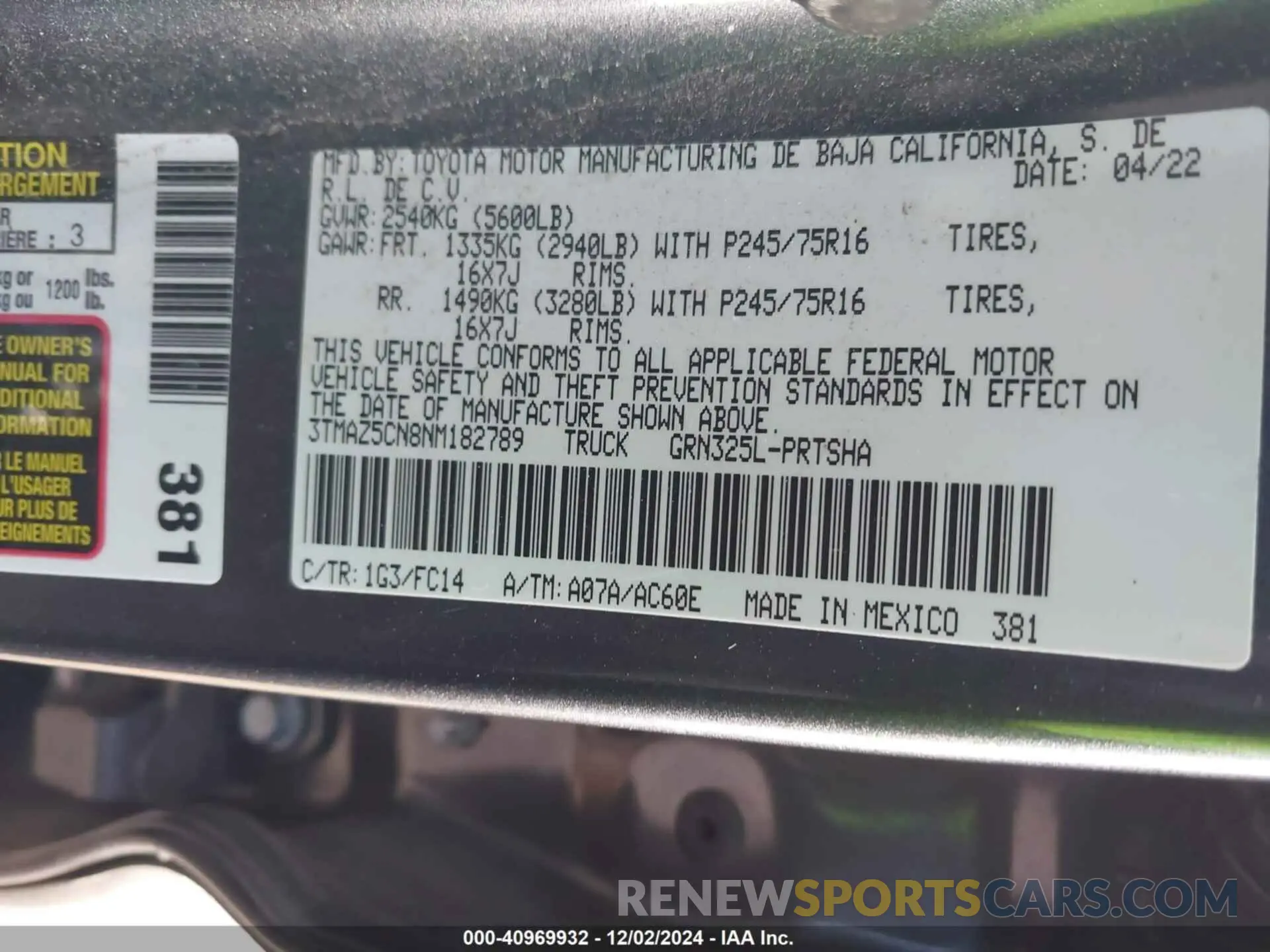 9 Фотография поврежденного автомобиля 3TMAZ5CN8NM182789 TOYOTA TACOMA 2022