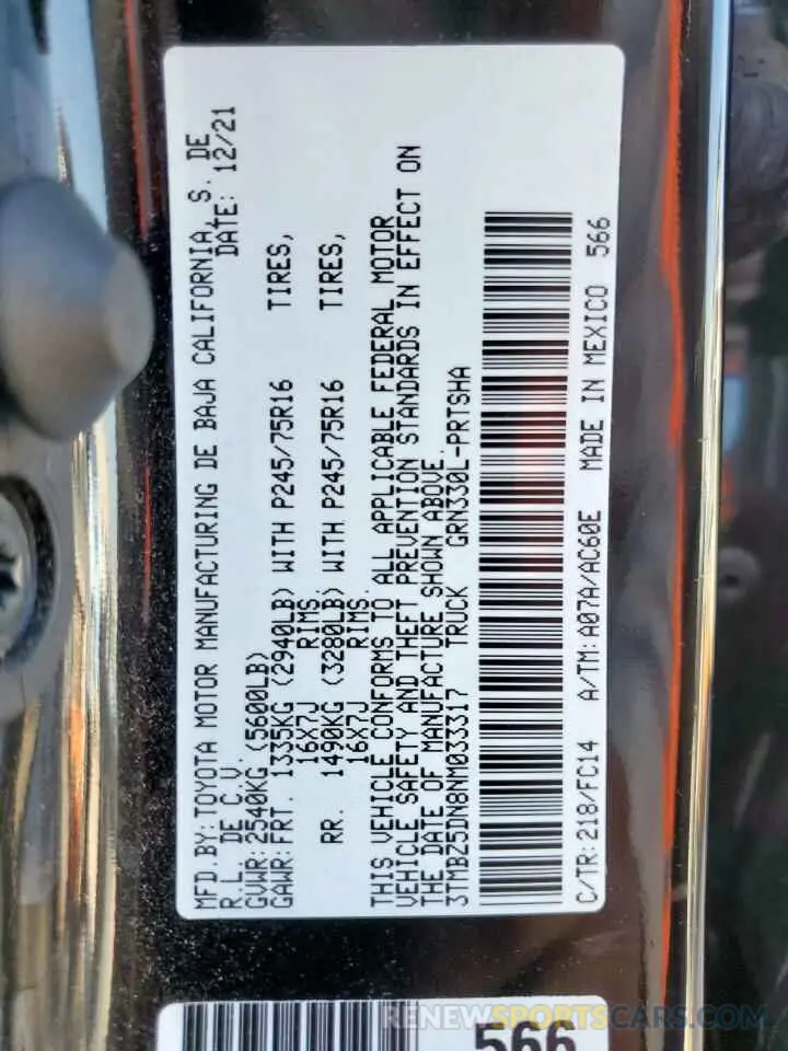 13 Фотография поврежденного автомобиля 3TMBZ5DN8NM033317 TOYOTA TACOMA 2022